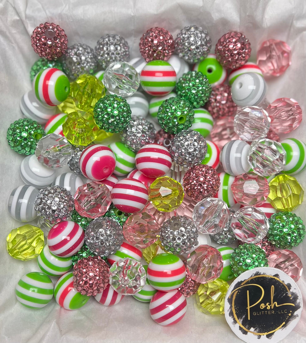 20mm Green Glitter Tinsel Bubblegum Beads