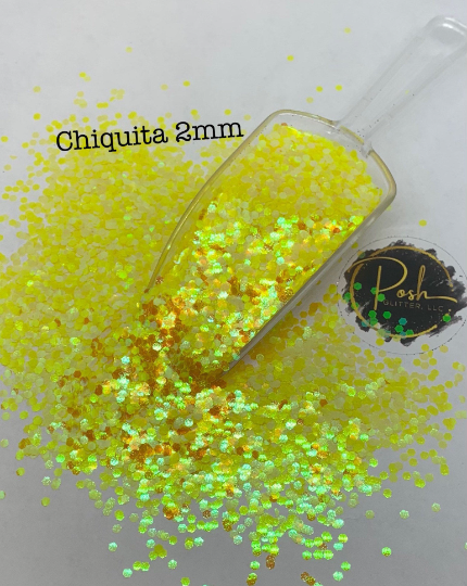 CHIQUITA YELLOW 2MM - Iridescent Yellow 2MM Hex Cut Glitter - Polyester Glitter - Solvent Resistant