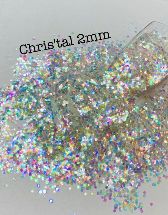 CHRIS-TAL 2MM Hex -White Iridescent Chunky Glitter - Polyester Glitter - Solvent Resistant