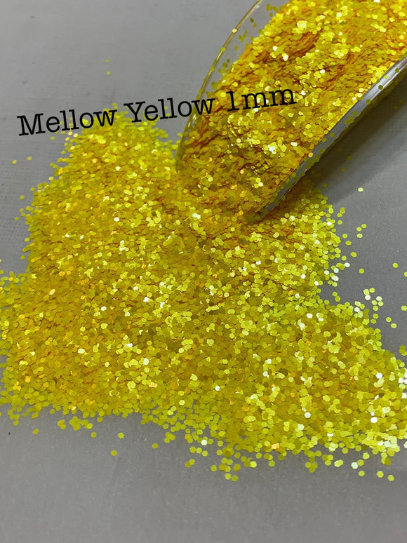 MELLOW YELLOW 1MM - Yellow Pearlescent 1MM Hex Cut - Fluorescent Yellow Glitter - Polyester Glitter - Solvent Resistant
