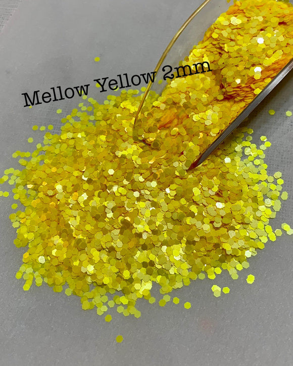MELLOW YELLOW 2MM - Yellow Pearlescent 2MM Hex Cut - Fluorescent Yellow Glitter - Polyester Glitter - Solvent Resistant
