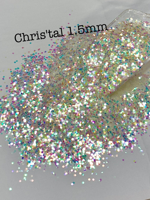 CHRIS-TAL 1.5MM - White Iridescent Glitter - 1.5MM Hex Chunk - Polyester Glitter - Solvent Resistant