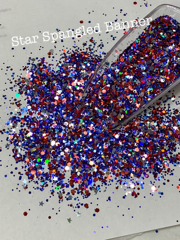 STAR SPANGLED BANNER  - Red Silver Blue with Stars Chunky Custom Blend-Polyester Glitter - Solvent Resistant