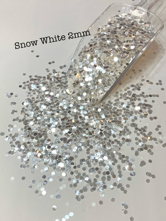 SNOW WHITE 2mm - White Silver Glitter Hex Chunk - Polyester Glitter - Solvent Resistant