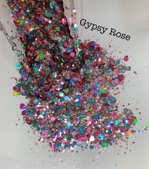 GYPSY ROSE - Light Pink, Dark Pink, Silver, Aqua Custom Blend - Chunky Mix - Polyester Glitter - Solvent Resistant