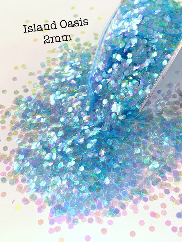 ISLAND OASIS 2MM - Iridescent Aqua 2MM Hex Cut Glitter - Polyester Glitter - Solvent Resistant - Iridescent