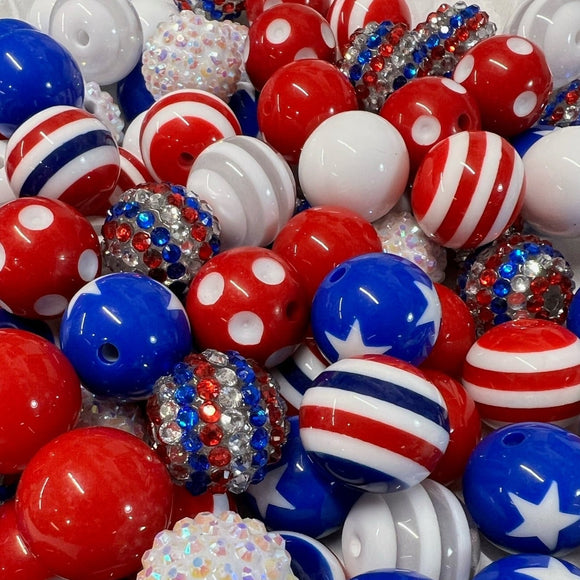 I 20mm Resin RWB Round Splatter Red White Blue Gumball Beads Chunky  Necklaces Set of 10 4th of July 