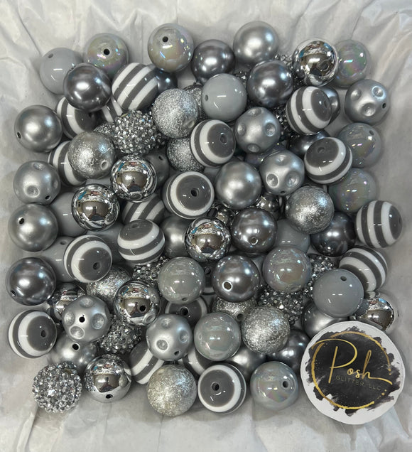 SILVER BUBBLEGUM BEADS 20mm - 4 - Chunky Beads, Bubble Gum Bead Sets, Acrylic Beads, Chunky Bead Sets