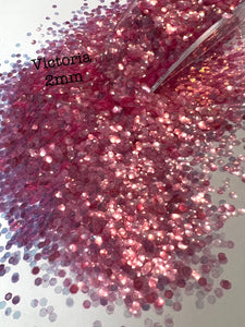 VICTORIA 2MM- Pink Iridescent - Hex Cut - Polyester Glitter - Solvent Resistant - Iridescent