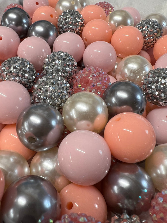 PEACH Pink Silver BUBBLEGUM BEADS 20mm - #41 - Chunky Beads, Bubble Gum Bead Sets, Acrylic Beads, Chunky Bead Sets