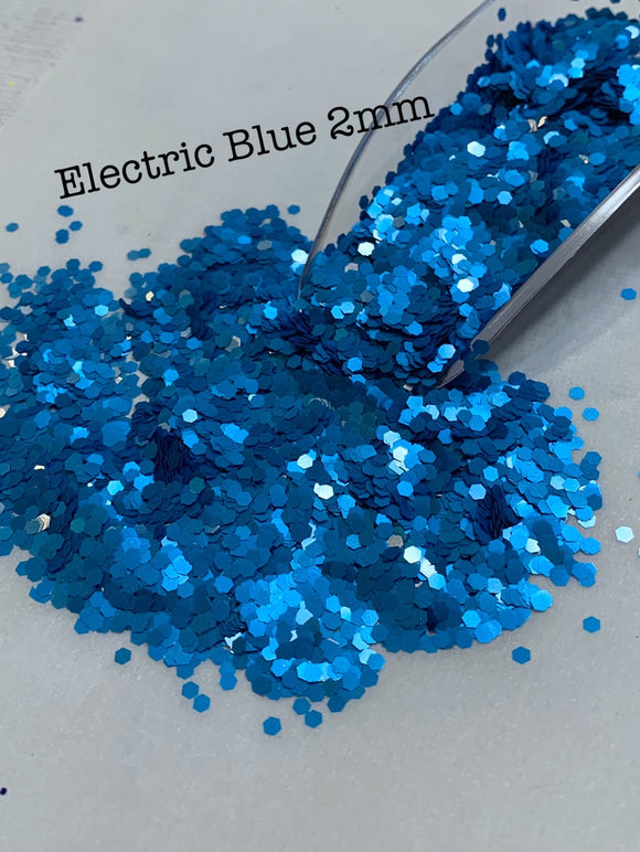 ELECTRIC BLUE 2MM - Blue Pearlescent 2MM Hex Cut - Fluorescent - Polyester Glitter - Solvent Resistant