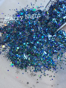 STARRY NIGHT - Blue Chunky Glitter Mix - Polyester Glitter - Solvent Resistant - Snowflake Glitter Mix