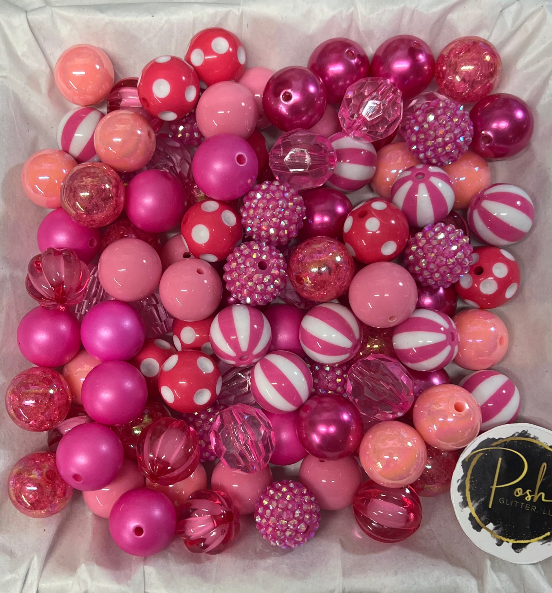 20MM Red Multiple Hearts on Pink Chunky Bubblegum Beads, Acrylic