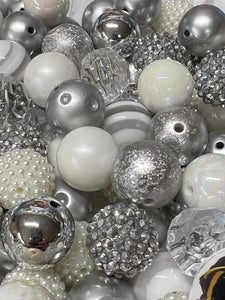 WHITE SILVER BUBBLEGUM BEADS 20mm - 2 - Chunky Beads, Bubble Gum Bead Sets, Acrylic Beads, Chunky Bead Sets